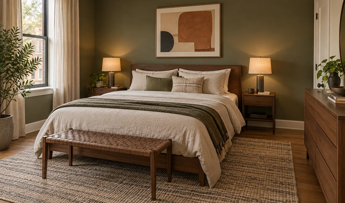 Illustration of an olive and walnut bedroom with cream bedding, shaded lamps, and a woven rug